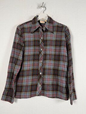 Vintage Viyella Plaid Wool Flannel Shirt Womens Size 13-14 Tartan Button-Up Top